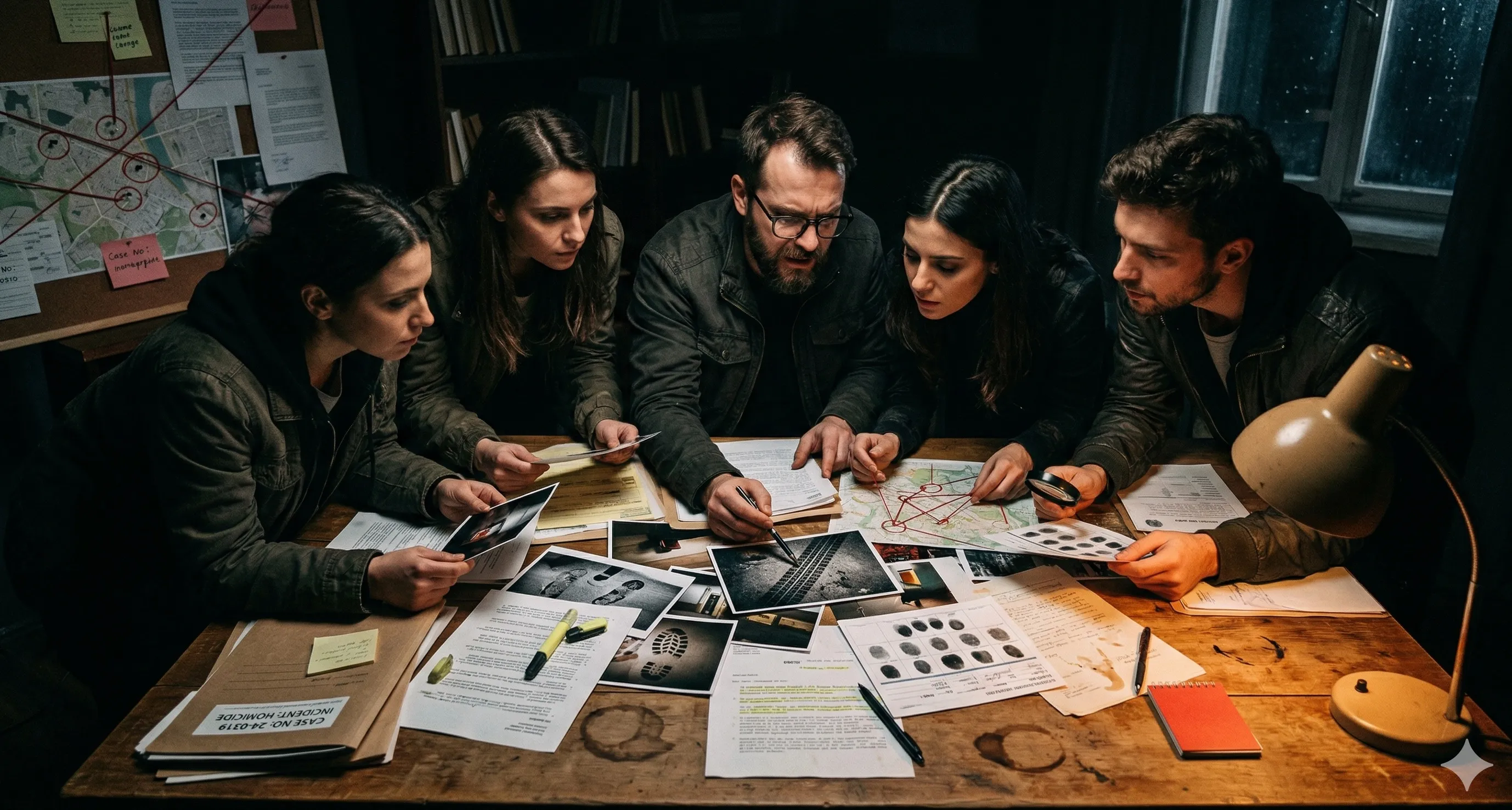 Grupo investigando un caso alrededor de una mesa